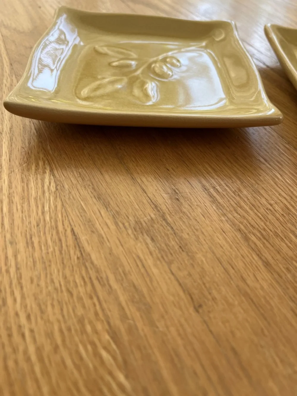 Tag Ceramic Square Dishes with Olive Branch Motif in Soft Yellow